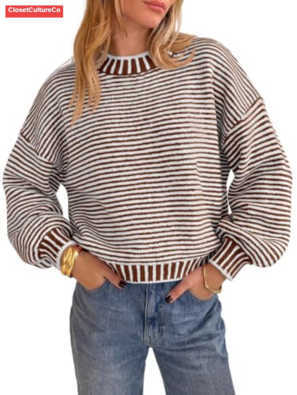 Saodimallsu Chunky Knit Striped Sweater Oversized Pullover Crew Neck Lantern